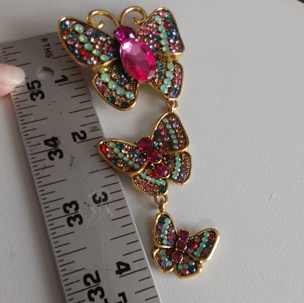 Gold Tone Triple Butterfly Brooch with Multicolor Crystals - Picture 3 of 5